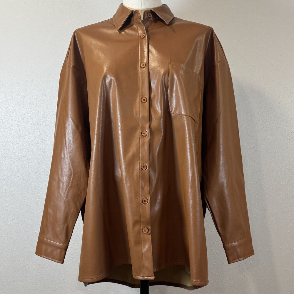 HYFVE Womens Faux Leather Shirt Jacket Size S Brown Lined Outerwear Button Vegan